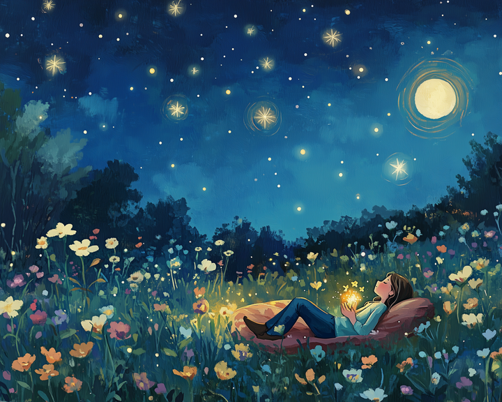 A young girl lies on a cushion in a vibrant flower meadow at night, holding a glowing light as she gazes up at a sky filled with twinkling stars and a full moon. Fireflies and dreamy lighting create a magical atmosphere.