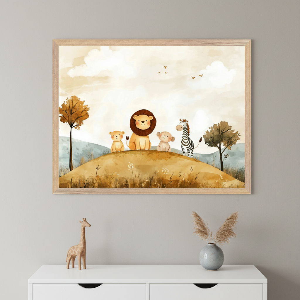 Modern child's room with a white dresser. A framed watercolor print of a lion, two cubs, a monkey, and a zebra on a grassy hill with trees hangs above the dresser. A wooden giraffe and a vase with dried grass sit on the dresser.