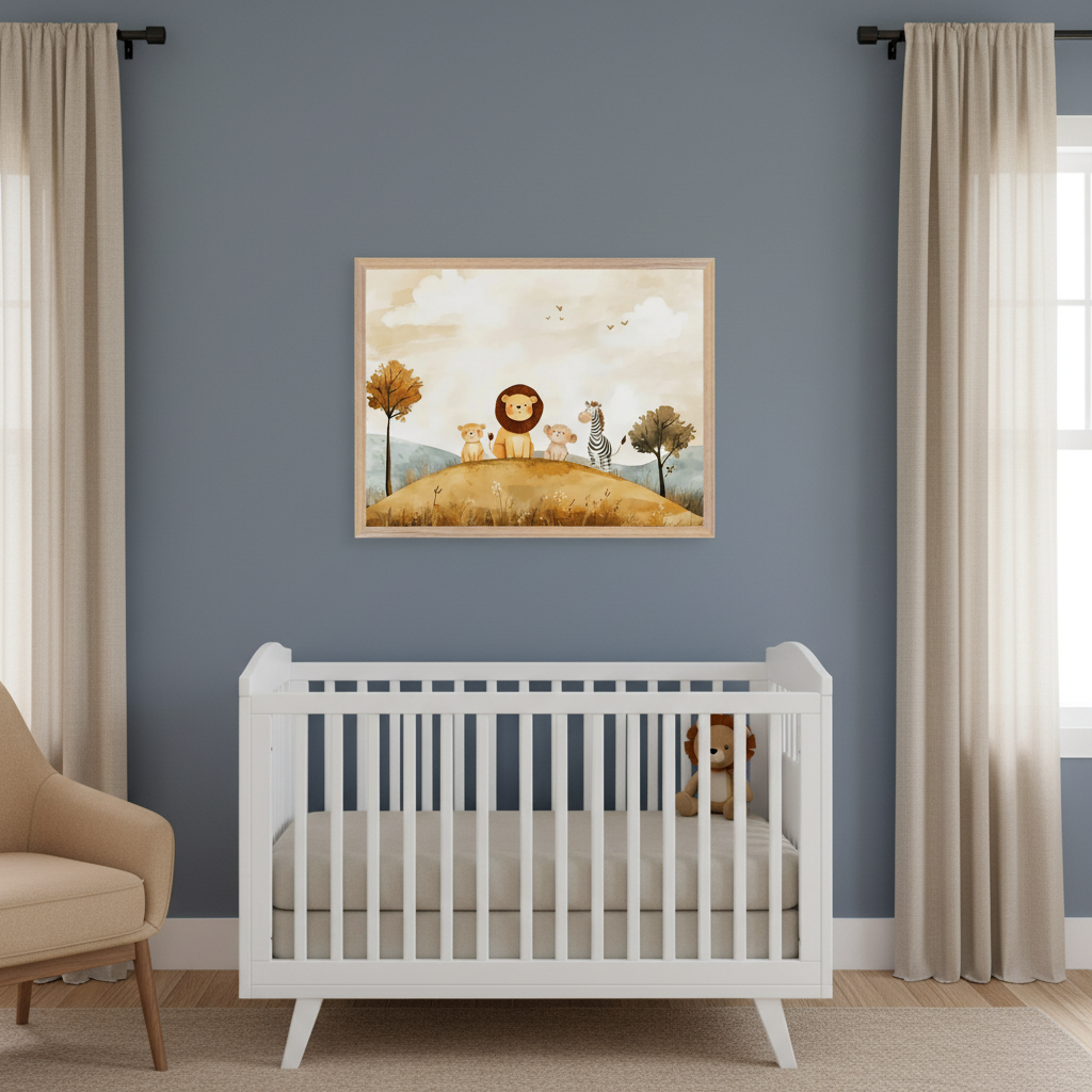 Modern nursery with a white crib against a blue-gray wall. A framed watercolor print of a lion, two cubs, a warthog, and a zebra on a hill hangs centered above the crib. A beige armchair is on the left.