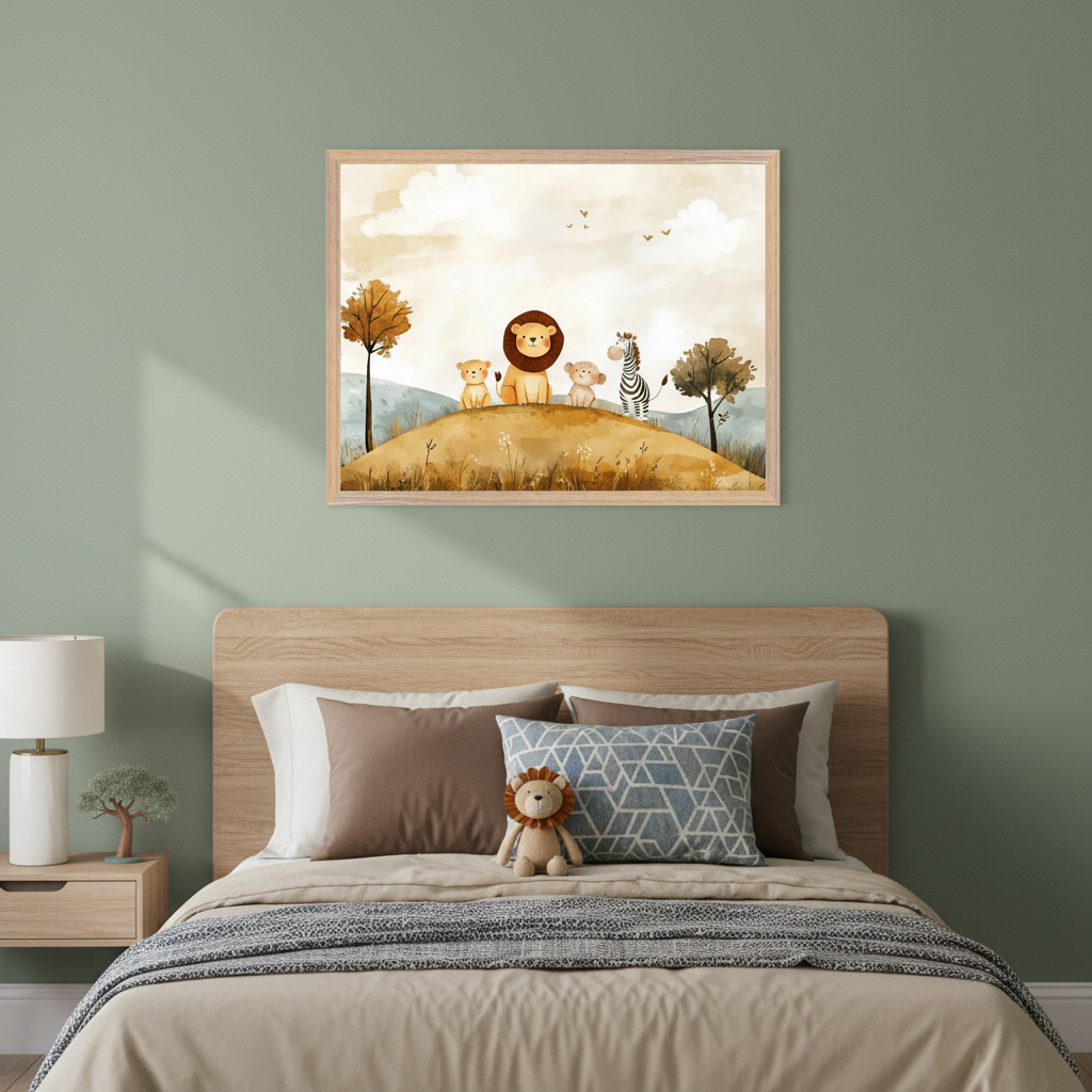 Kid's bedroom with a wooden bed and headboard against a sage green wall. A framed watercolor print of a lion, two cubs, a monkey, and a zebra on a grassy hill hangs above the bed. A stuffed lion toy is on the bed.