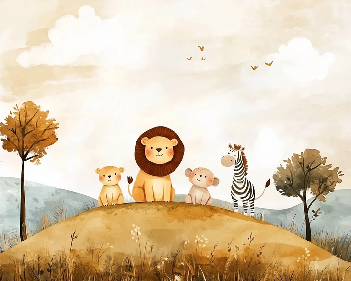 On a warm golden savanna, four adorable friends gather atop a small grassy hill. At the center sits a gentle lion with a thick, fluffy mane, looking proudly ahead. By his side is a tiny lion cub, its round cheeks blushing with a shy smile. Next to them sits a happy little monkey with soft, rounded ears and a speckled head, gazing cheerfully at the world around it. On the far right stands a friendly zebra, its black-and-white stripes contrasting beautifully with the warm, earthy tones of the landscape.