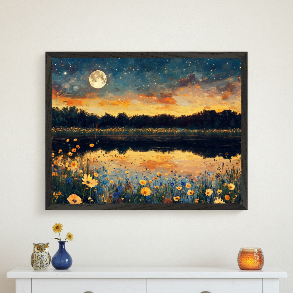Neutral room with a white dresser. A large, black-framed painting of a moonlit landscape hangs centered above the dresser, depicting a full moon, starry sky, and orange sunset reflected in a lake surrounded by yellow and blue wildflowers. An owl figurine, a vase with yellow flowers, and a lit candle adorn the dresser.
