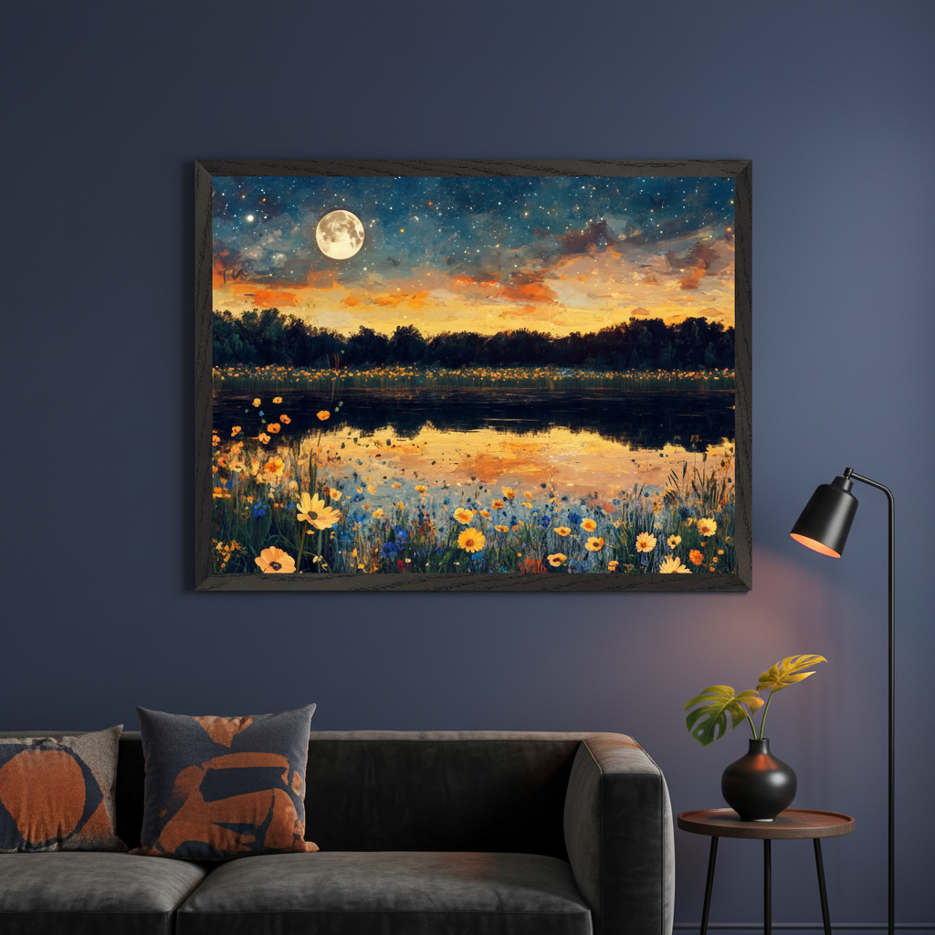Modern living room with a dark gray sofa. A large framed painting of a moonlit lake reflecting a starry sunset sky with wildflowers in the foreground hangs centered above the sofa. A black floor lamp stands to the right.