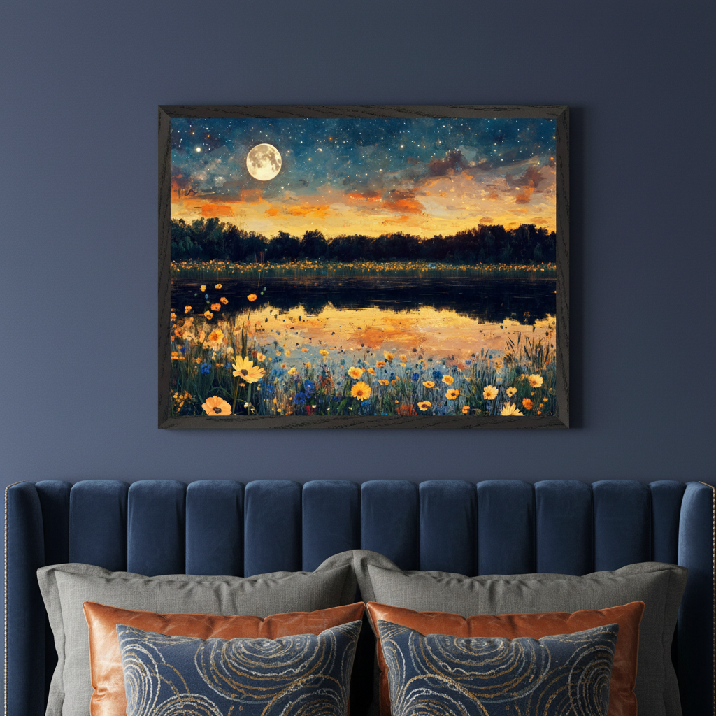Bedroom with a dark blue wall and a blue upholstered headboard. A framed impressionistic painting of a moonlit lake with wildflowers at sunset hangs centered above the bed. The sky is starry with clouds, and the scene reflects in the water.
