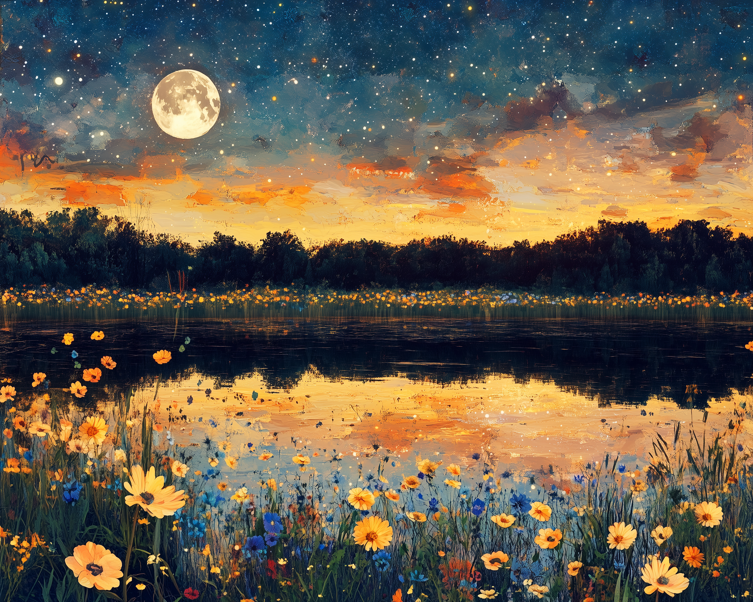 Wildflower Wall Art for Nursery, Playroom or Kids Bedrooms - Moonlit Lake Reflection with Colorful Blooms and Starry Sky - Moonlit Mirage