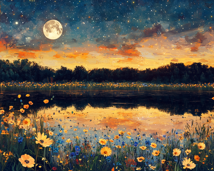A sparkling lake reflects a golden sunset and glowing full moon, surrounded by yellow, orange, and blue wildflowers. The sky is rich with stars, blending day and night in this peaceful, painterly scene.