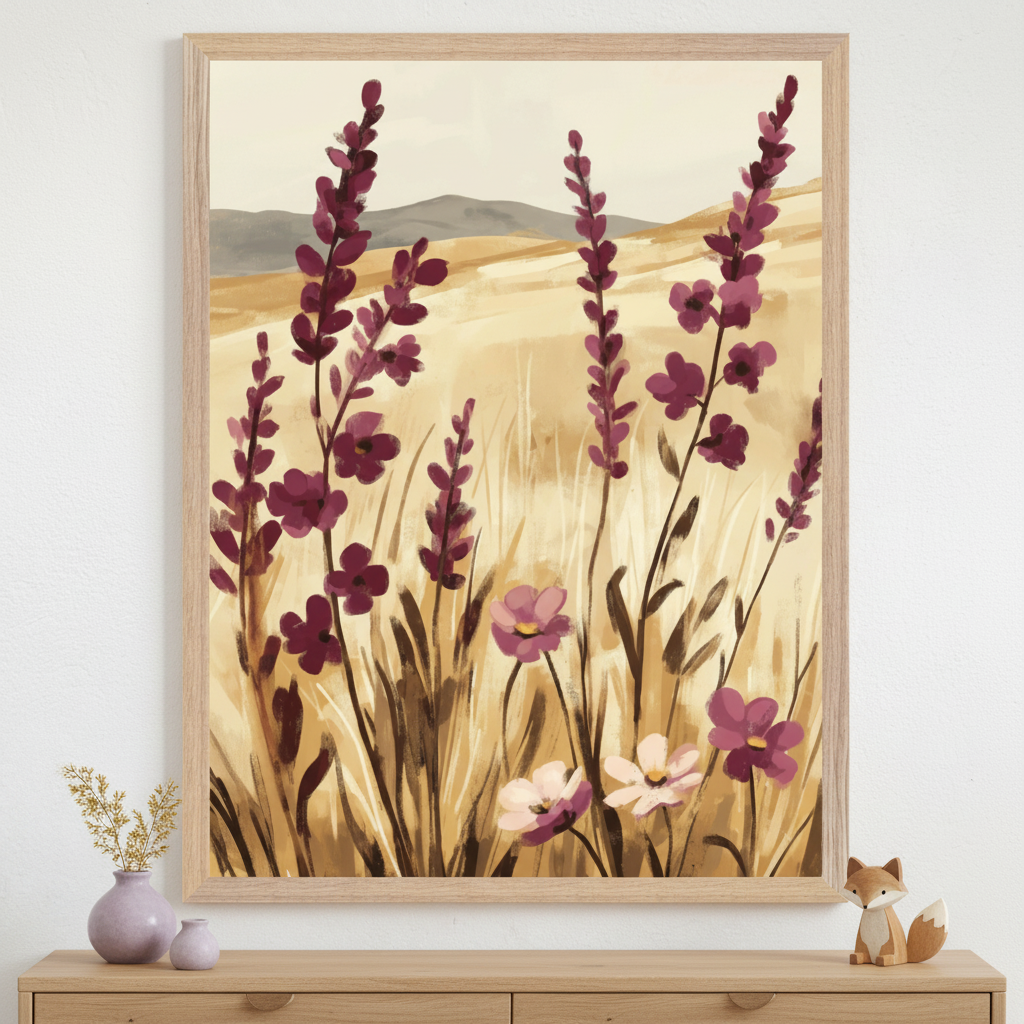 Modern room with a light wood dresser. A large framed painting of purple and pink flowers in a golden field with distant hills, in a painterly style, hangs centered above the dresser. Decorative lavender vases and a wooden fox figurine are on the dresser.