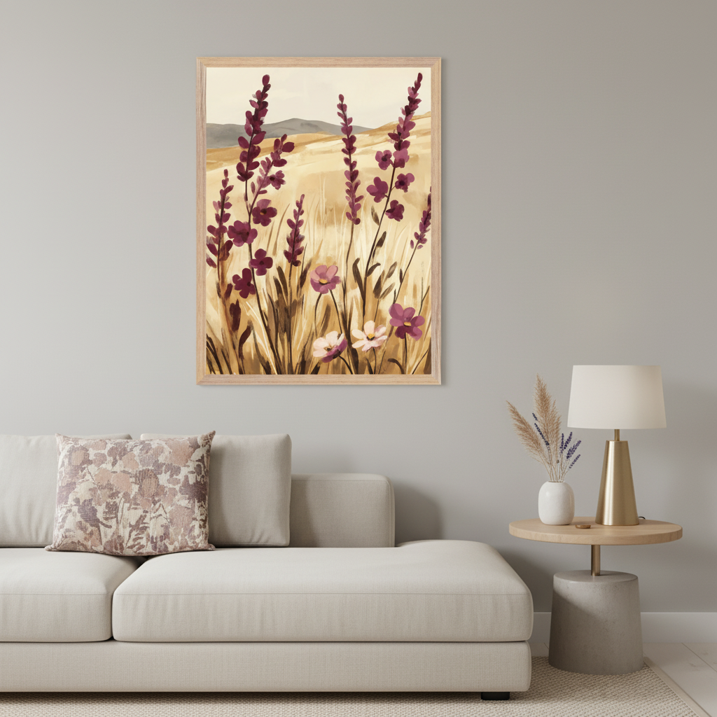 Living room with a light beige sectional sofa. A framed artwork depicting a golden field with tall purple and pink flowers and distant mountains hangs centered above the sofa. A round wooden side table with a gold lamp and a vase of dried flowers sits to the right of the sofa.