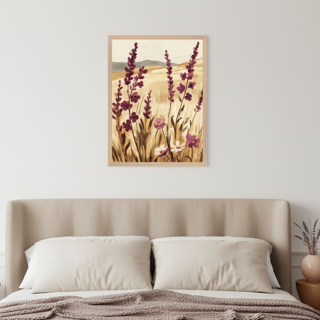 Bedroom with a neutral upholstered bed, light beige pillows, and a brown knitted blanket. A framed painting of tall purple and white wildflowers in a golden field with distant mountains hangs centered above the bed.
