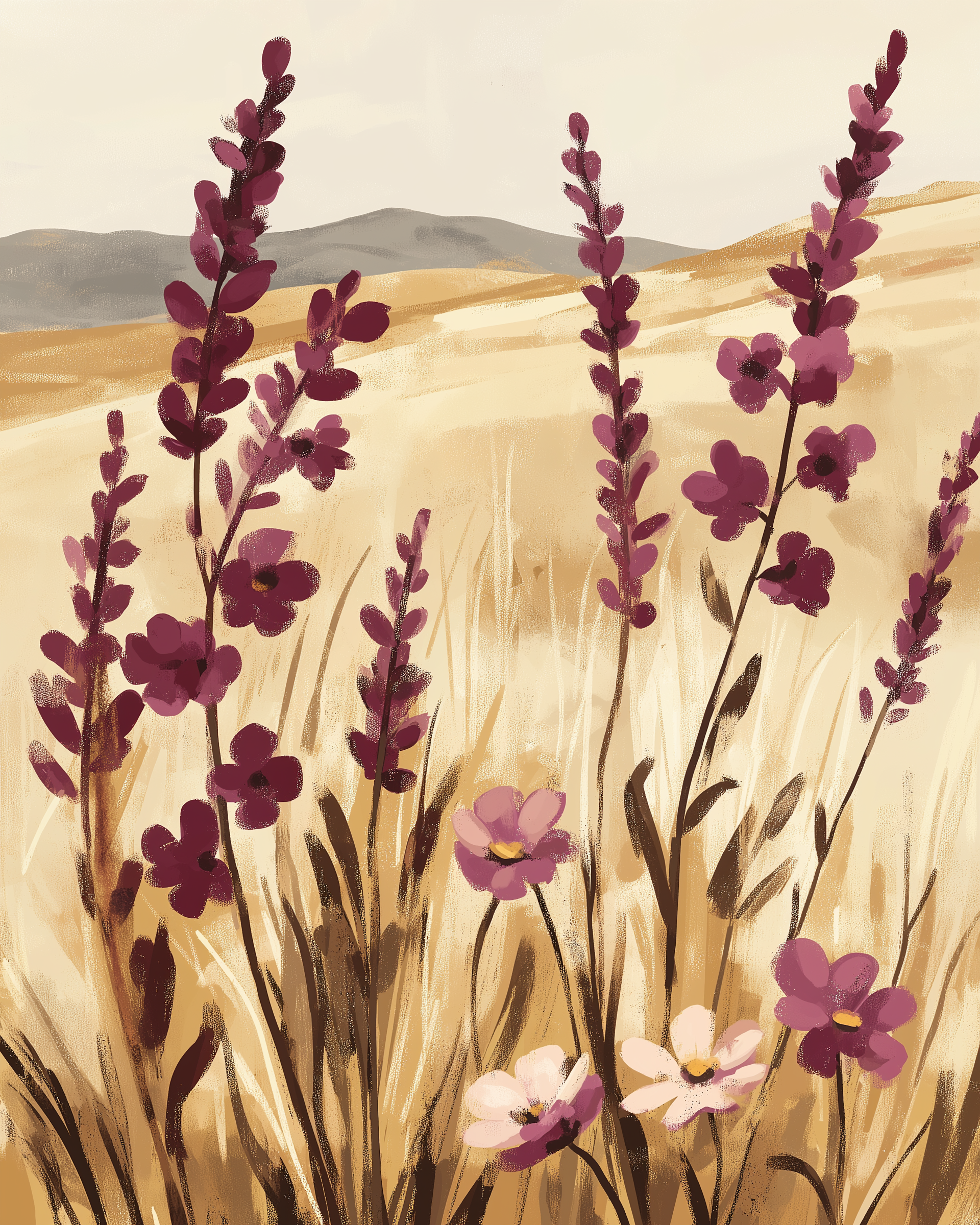 A soft, watercolor-style painting of tall wildflowers and grasses in shades of lavender, peach, yellow, and teal. The background is light and dreamy, evoking a calm and breezy afternoon.