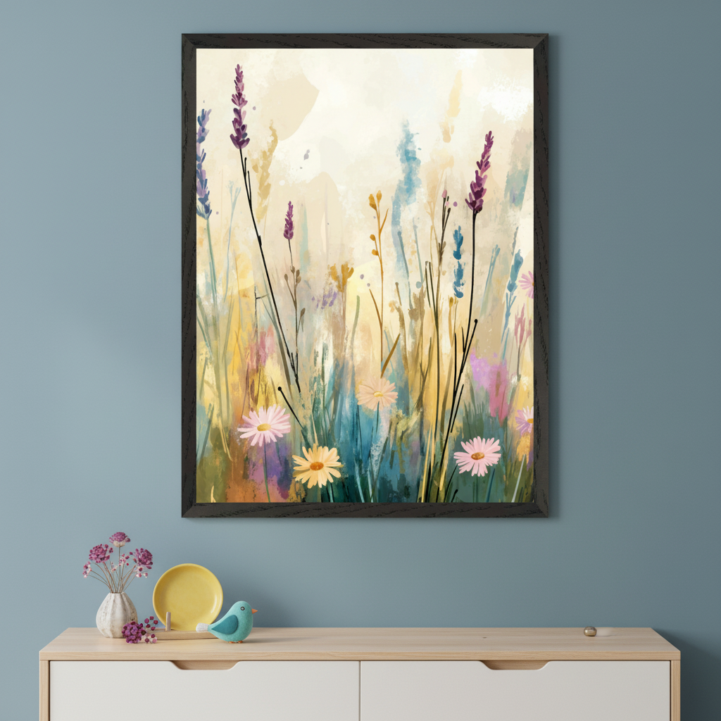 Modern room with a light blue wall. A light wood and white dresser sits below a framed impressionistic painting of a colorful wildflower field. A white vase with flowers, a yellow plate, and a blue bird figurine decorate the dresser.