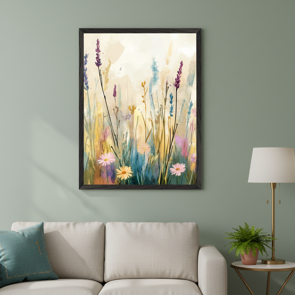 Living room with a light beige sofa. A large framed abstract watercolor painting of a field of wild flowers, including lavender and daisies, hangs centrally above the sofa. A side table with a lamp and plant is to the right.