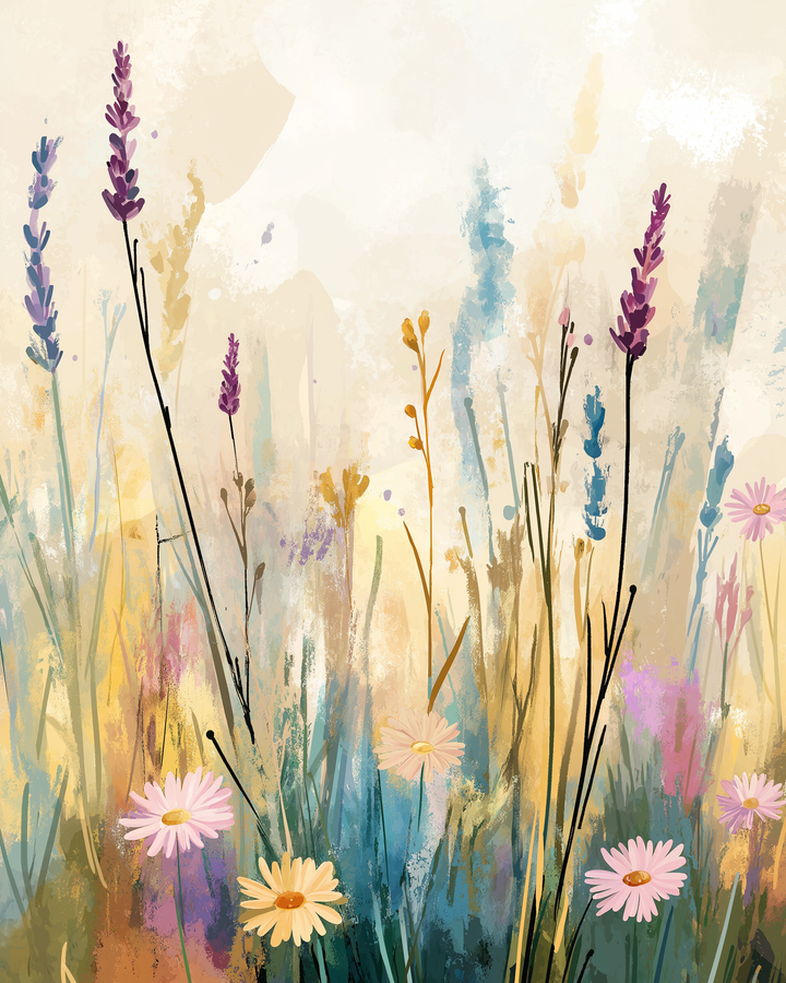 Tall burgundy and pink flowers bloom in a sunlit golden field with soft hills in the distance. The warm tones and textured brushstrokes give it a cozy, late summer or early autumn feel.