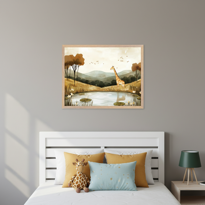 Kid's bedroom with a white headboard bed against a gray wall. A light brown framed watercolor-style painting of a giraffe by a pond with trees and hills hangs centered above the bed. A nightstand with a green lamp is to the right.