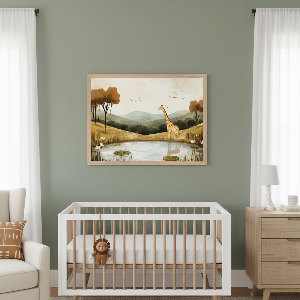 Modern nursery with a sage green wall. A large framed print of a giraffe by a pond in a safari-themed illustration style hangs above a white and wood crib. A light wood dresser and cream armchair are also visible.
