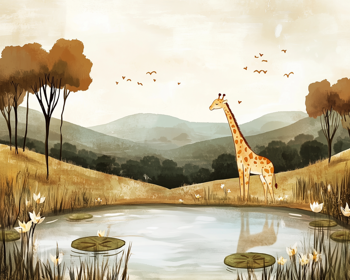 A lone giraffe stands peacefully by a reflective pond surrounded by tall grass, water lilies, and distant rolling hills. The soft golden tones and flying birds create a calm, early morning savanna atmosphere.