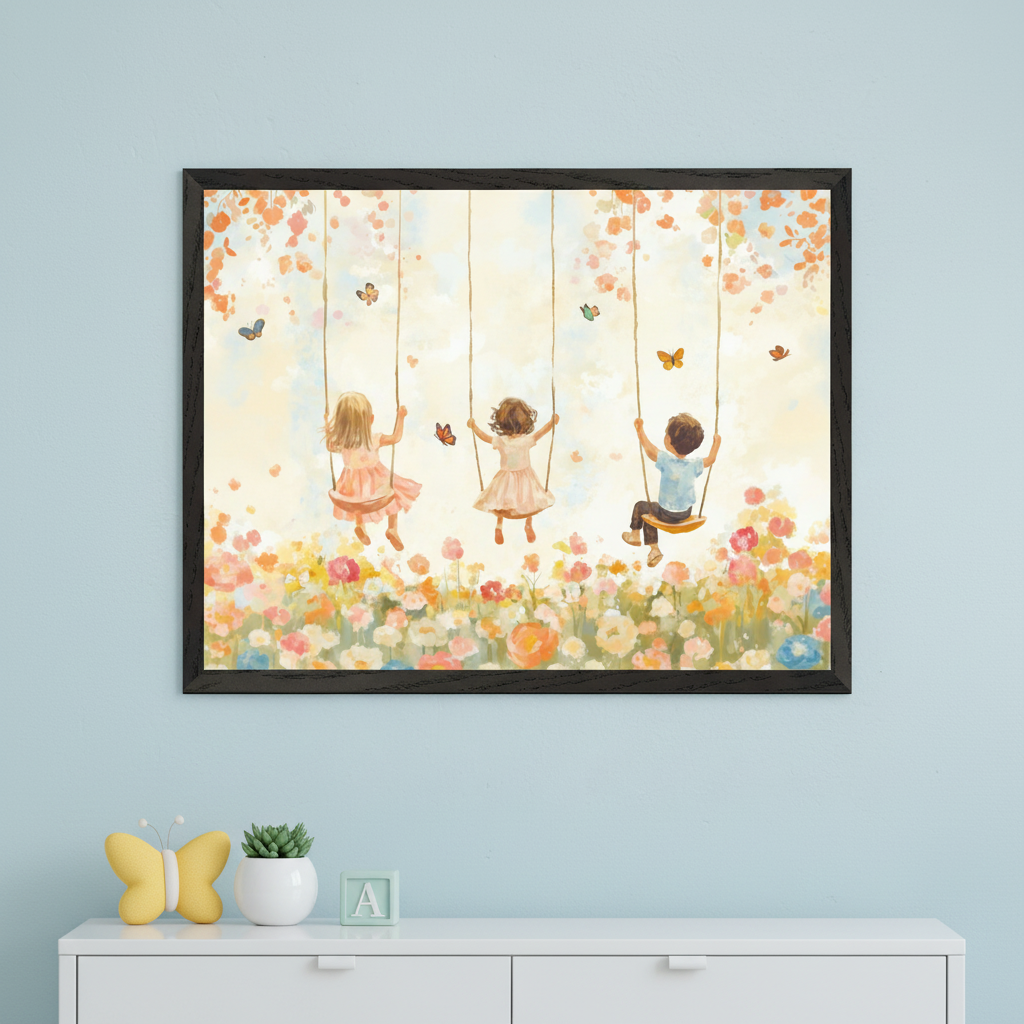 Kid's room with a light blue wall and white dresser. A black-framed painting of three children swinging amidst colorful flowers and butterflies, in a whimsical watercolor style, hangs centered above the dresser. A yellow butterfly decor and small plant are on the dresser.