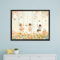 Kid's room with a light blue wall and white dresser. A black-framed painting of three children swinging amidst colorful flowers and butterflies, in a whimsical watercolor style, hangs centered above the dresser. A yellow butterfly decor and small plant are on the dresser.