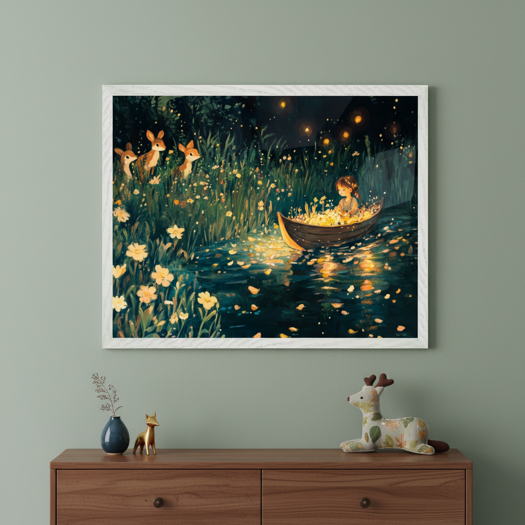 Kid's room with a framed whimsical illustration centered above a wooden dresser. The art shows a girl in a boat of glowing yellow flowers on a river, with three deer watching from a flower-covered bank. A blue vase, golden fox, and fabric deer toy adorn the dresser.