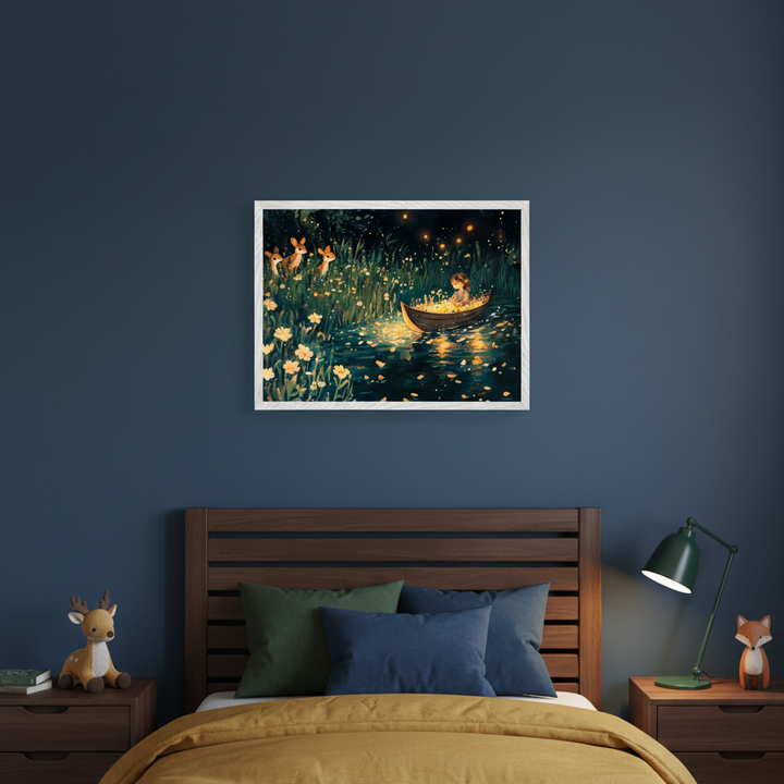 Kid's bedroom with a wooden bed and two nightstands. A framed painting of a person in a boat amidst glowing flowers and deer at night hangs above the bed.