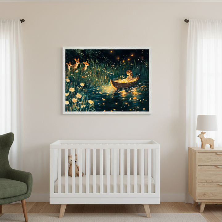 Modern nursery with a white crib, green armchair, and wooden dresser. A large framed print hangs centered above the crib, showing a child in a boat on dark water surrounded by glowing yellow flowers, with three deer in a dark forest at night.
