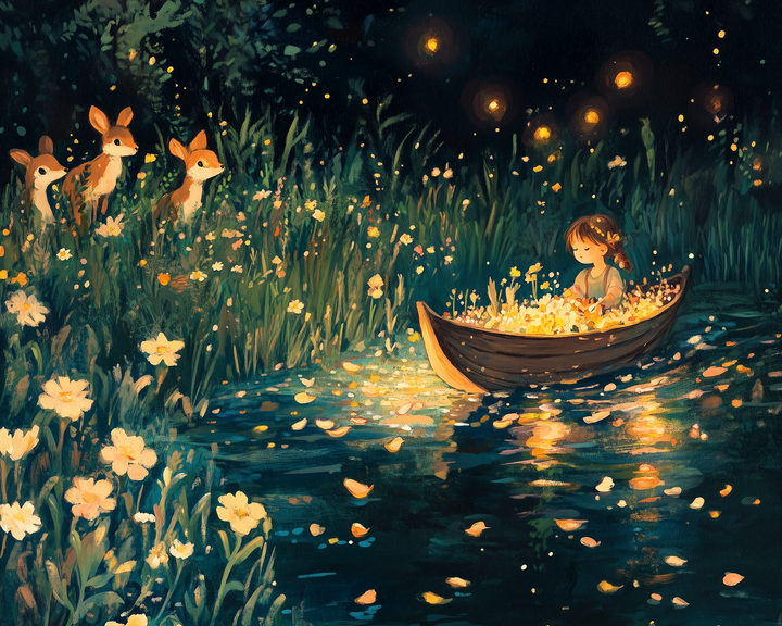 A young girl sits in a small boat filled with glowing flowers, floating along a moonlit stream surrounded by tall grass, wildflowers, and watching deer. Fireflies and lanterns add a magical glow to the scene.
