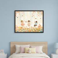 Kid's bedroom with a light blue wall, a wooden bed, and pink/white pillows. A large framed painting of three children on swings in a colorful flower field with butterflies hangs centered above the bed.