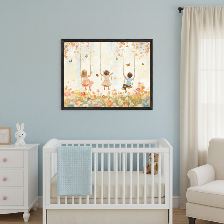 Nursery with light blue walls. A large framed art print of three children swinging in a flower field with butterflies is centered above a white crib. A white dresser with pink knobs is left, and a white armchair is right.