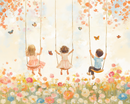 Three children swing joyfully amid a dreamy landscape filled with pastel flowers and fluttering butterflies. Leaves drift from above, enhancing the playful and lighthearted feel.