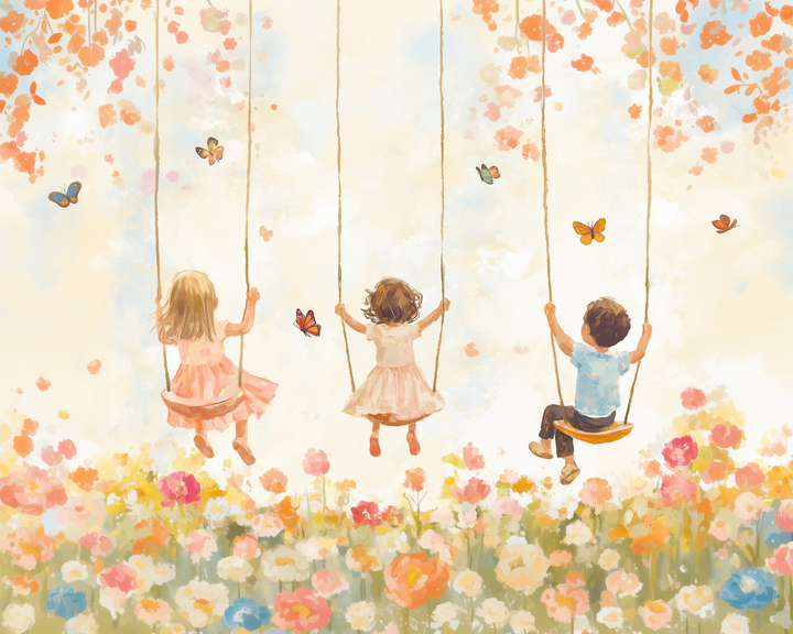 Three children swing joyfully amid a dreamy landscape filled with pastel flowers and fluttering butterflies. Leaves drift from above, enhancing the playful and lighthearted feel.