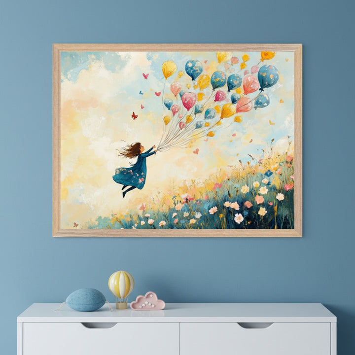 Child's room with a light blue wall. A white dresser stands below a large, light-wood framed artwork. The art shows a girl in a blue dress flying, holding many colorful balloons, above a field of wildflowers under a bright sky.