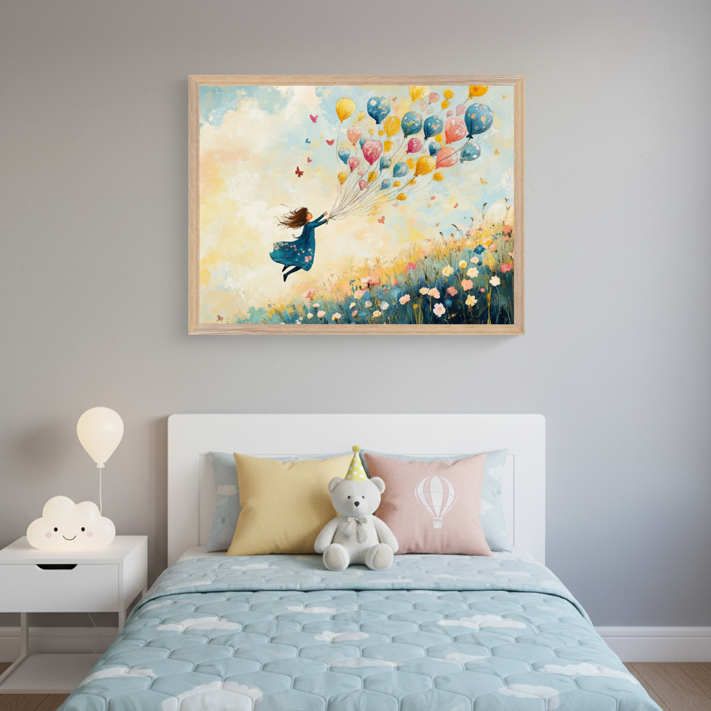 Kid's bedroom with a white bed and nightstand. A large framed painting hangs centered above the bed, depicting a girl in a blue dress flying with many colorful balloons over a vibrant flowery field. A cloud lamp and a balloon lamp are on the nightstand.