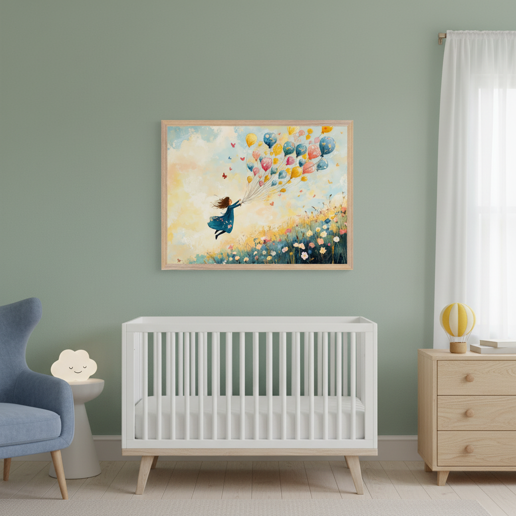 Modern nursery with sage green walls. Framed art of a girl in a blue dress flying with colorful balloons over a wildflower field hangs centered above a white crib. A light blue armchair and a wooden dresser are also visible.