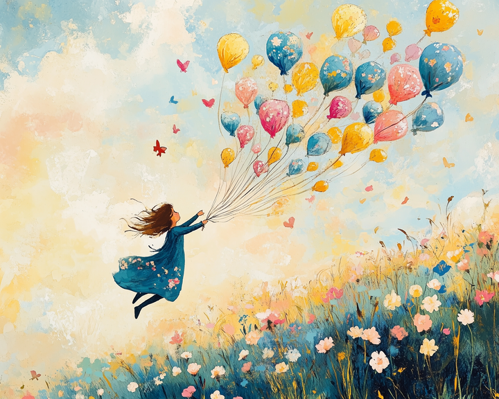 A girl in a blue dress is lifted into the sky by a large bunch of colorful balloons, soaring above a field of wildflowers. Butterflies flutter around her against a soft, painted sky.
