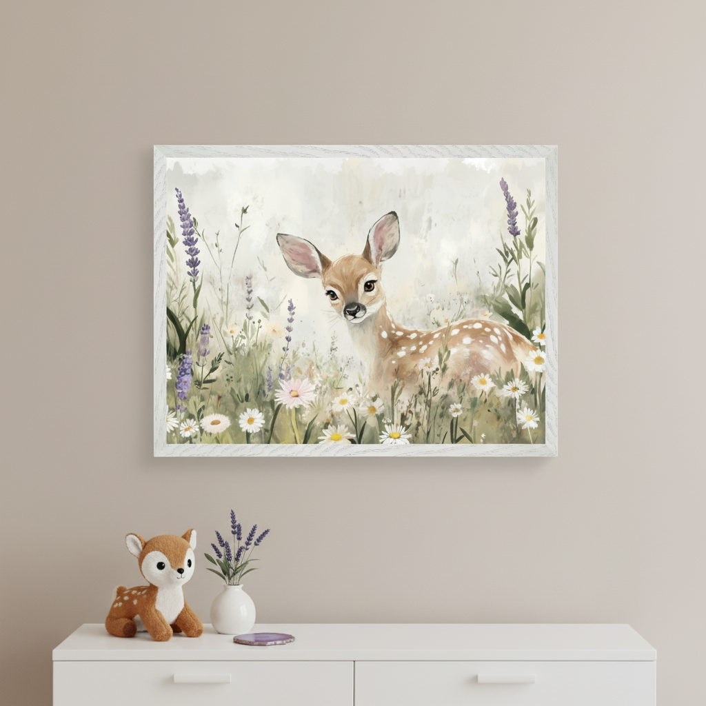 Nursery with a white dresser. A large white-framed watercolor print of a fawn in a field of wildflowers and lavender hangs above the dresser. A stuffed fawn and lavender in a vase sit on the dresser.