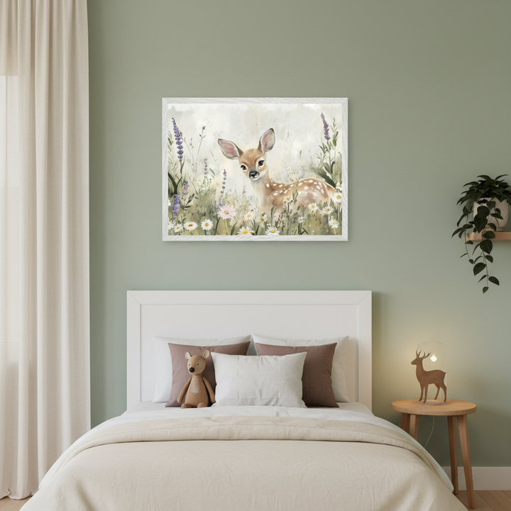 Kid's bedroom with a white bed and headboard against a sage green wall. A large framed watercolor painting of a fawn in a field of daisies and lavender hangs centered above the bed. A stuffed deer is on the bed, and a wooden side table with a deer lamp is to the right.