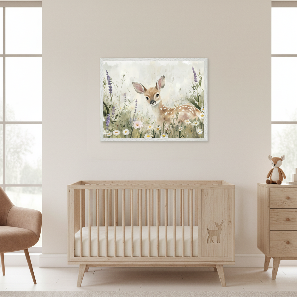 Modern nursery with a light wood crib, matching dresser, and brown armchair. A framed painting of a fawn in a wildflower field with lavender and daisies hangs centered above the crib. The crib has a deer cutout on its side.