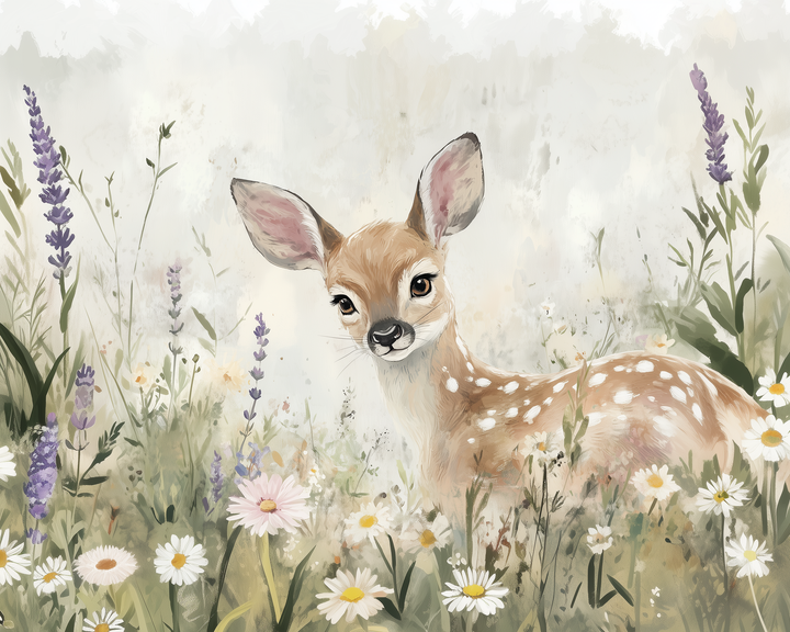 A gentle fawn with white spots stands among daisies and lavender in a soft, pastel-toned wildflower meadow. The background is light and airy, giving a tender, serene vibe.
