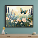 Modern room with a light wood dresser against a teal wall. A large framed illustration of a wildflower field with a prominent teal butterfly hangs centered above the dresser. A small vase and decorative butterfly are on the dresser.