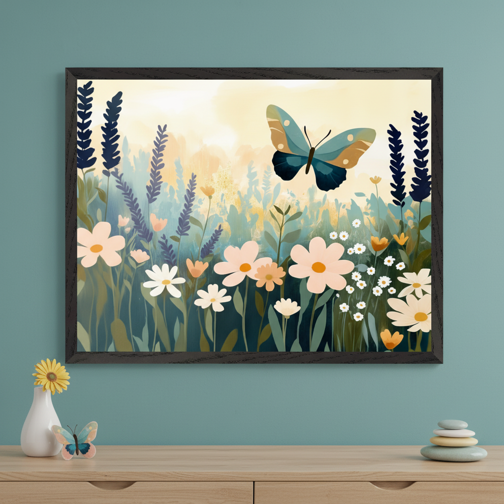 Modern room with a light wood dresser against a teal wall. A large framed illustration of a wildflower field with a prominent teal butterfly hangs centered above the dresser. A small vase and decorative butterfly are on the dresser.
