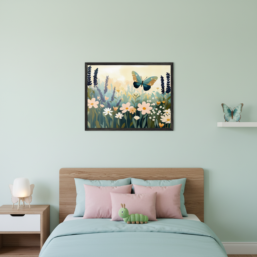 Kid's bedroom with a wooden bed, pink and blue bedding, and a nightstand. A large framed painting of a flower meadow with a teal butterfly hangs above the bed. A small butterfly figurine rests on a wall shelf.