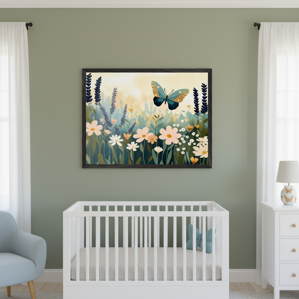 Modern nursery with sage green walls. A large framed illustration of a blue-green butterfly over a field of flowers hangs centered above a white crib. A light blue armchair is on the left, and a white dresser with a butterfly lamp is on the right.