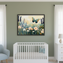 Modern nursery with sage green walls. A large framed illustration of a blue-green butterfly over a field of flowers hangs centered above a white crib. A light blue armchair is on the left, and a white dresser with a butterfly lamp is on the right.