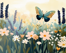 A large, stylized butterfly flutters above a colorful mix of daisies, lavender, and soft greenery in a vibrant, sunlit garden. The illustration has a clean, whimsical feel with muted pastels and deep blues.