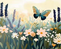 A large, stylized butterfly flutters above a colorful mix of daisies, lavender, and soft greenery in a vibrant, sunlit garden. The illustration has a clean, whimsical feel with muted pastels and deep blues.