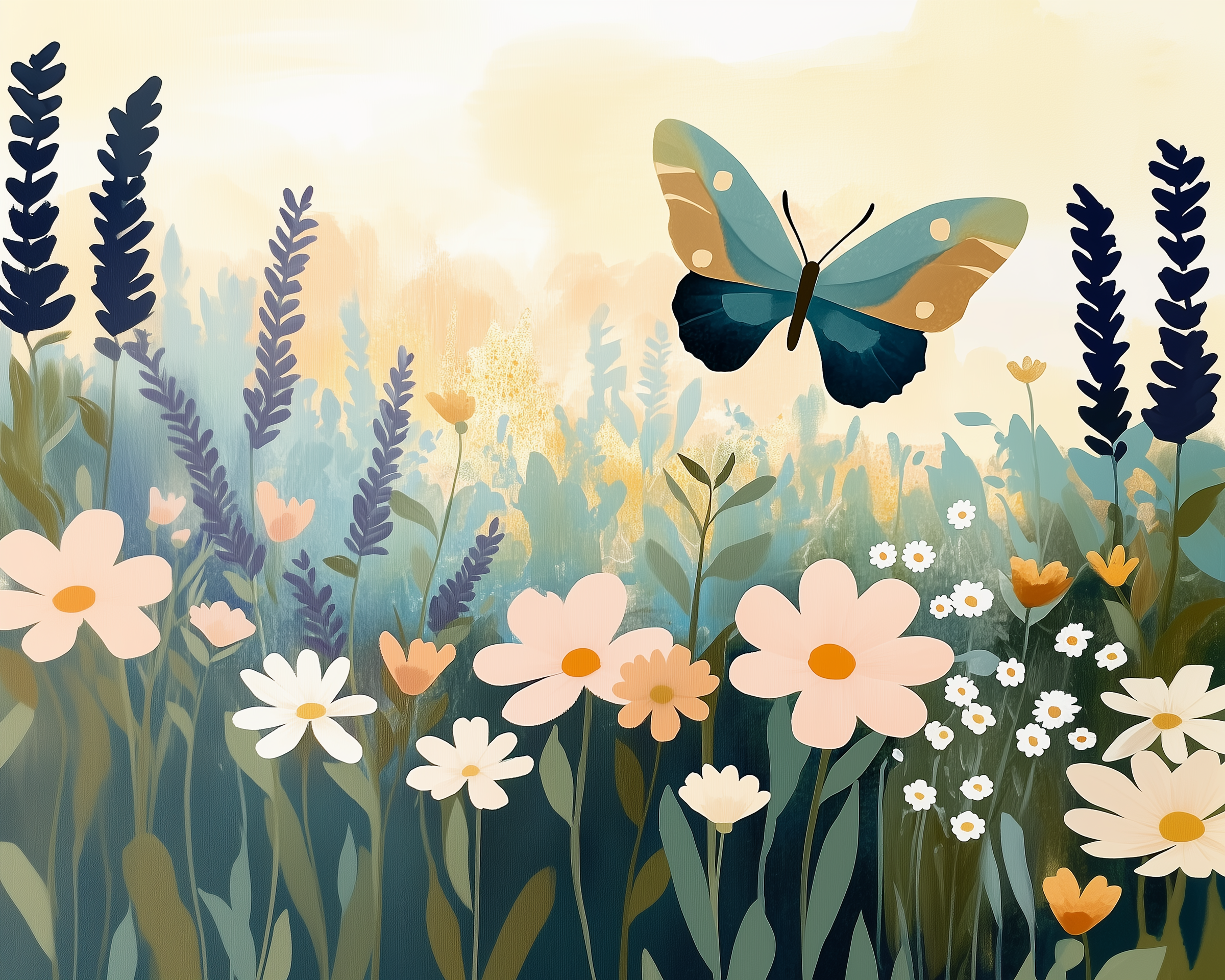 Wildflower Wall Art for Nursery, Playroom or Kids Bedrooms - Butterfly, Daisy and Lavender Floral Garden - Flutter Bloom