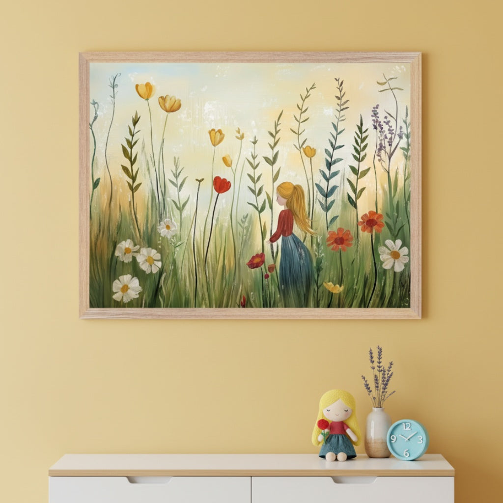 Kid's bedroom with a yellow wall. A white and wood dresser sits below a framed painting. The painting features a blonde girl in a dress walking through tall grass and colorful flowers under a bright sky, in an illustrative style. A doll, vase with lavender, and blue clock are on the dresser.