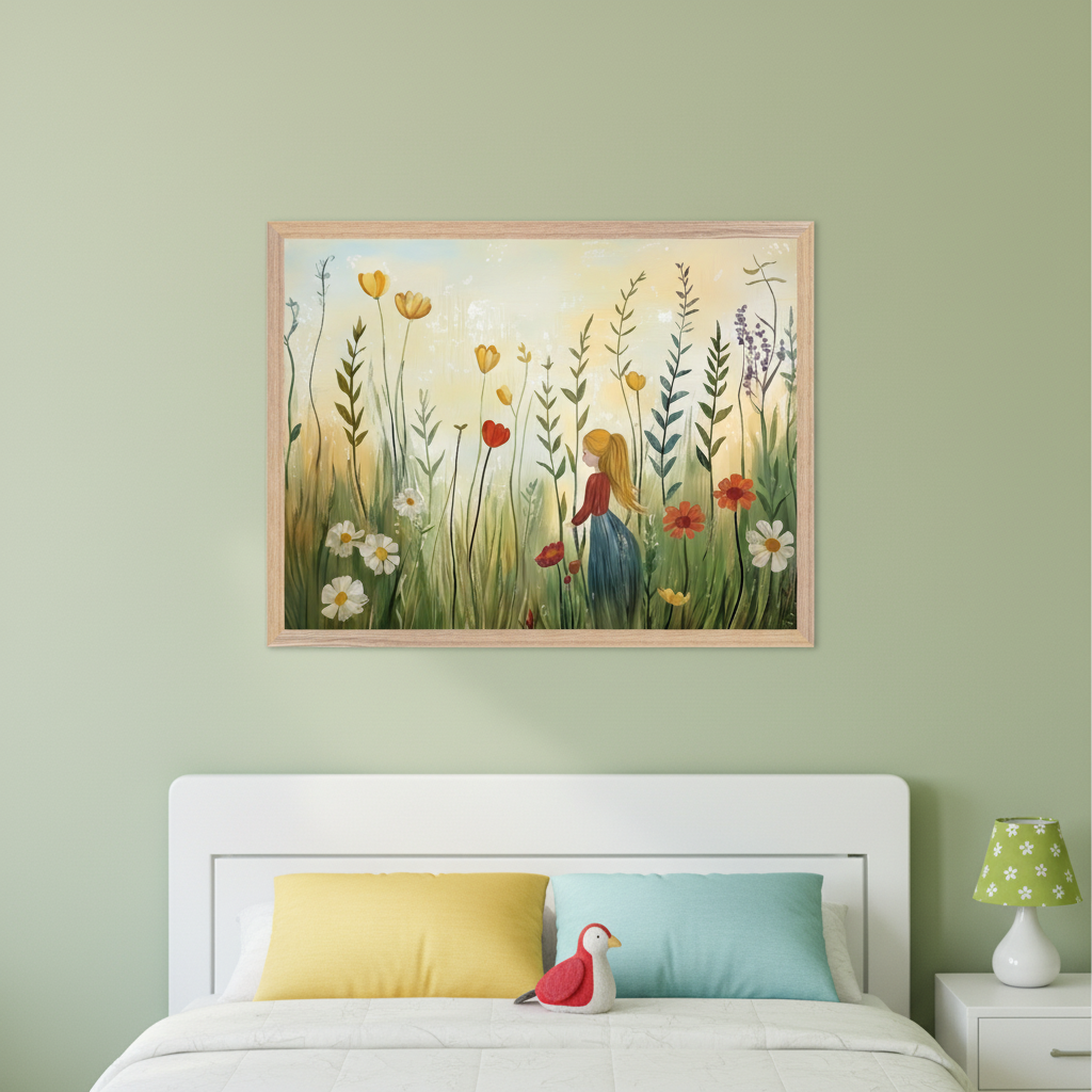 Kid's bedroom featuring a white bed with a headboard, yellow and blue pillows, and a red bird plush. A white nightstand with a green floral lamp is to the right. Centered above the bed hangs a framed painting of a blonde girl in a blue dress walking through a field of colorful flowers and tall green plants against a bright yellow background.
