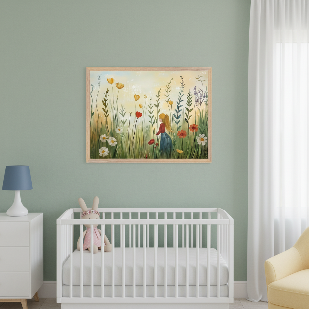 Modern nursery with a white crib, dresser with a blue lamp, and yellow armchair. A large framed painting of a blonde girl in a sunlit field of colorful wildflowers hangs centered above the crib.