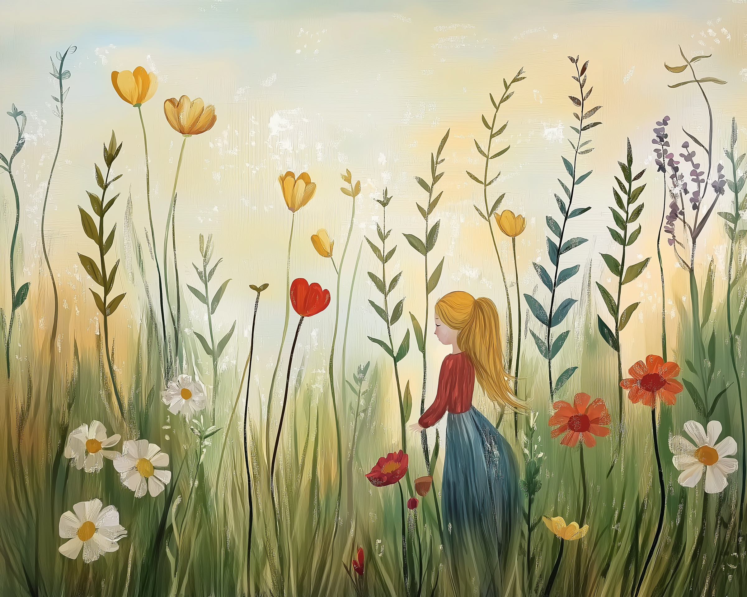 A blonde girl in a red blouse and blue skirt stands among towering wildflowers and tall grasses under a softly glowing sky. The flowers in yellow, red, white, and orange stretch high above her, creating a whimsical and peaceful scene.

